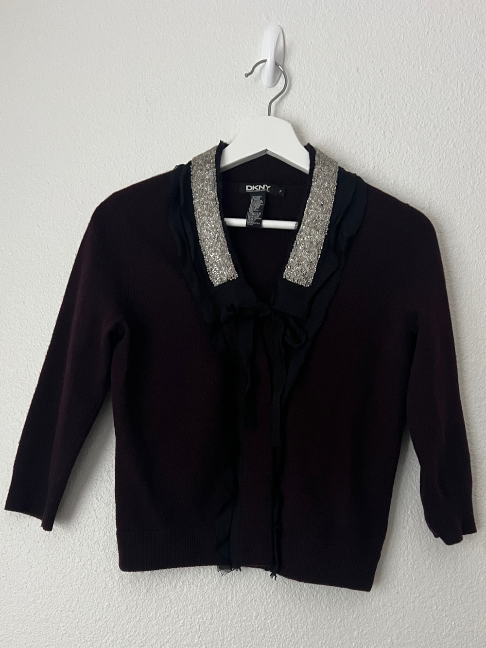 DKNY Lambswool Cashmere Cardigan Plunging V-Neck Beaded Ruffle Silk Trim Wine P
